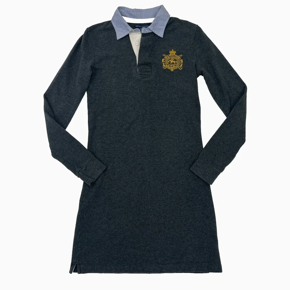 Vintage Ralph Lauren Shirt Dress Crest Cotton Polo L/S Size S Gray Y2K Preppy
